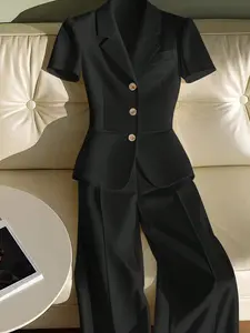 Women's Solid Color Suit Two-Piece Set, Summer Wearable Short Sleeve, Cool Elegance for Work and Dates