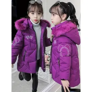 Girls' Winter Cartoon Embroidered Thick Warm Coat, Stylish Fashion Hooded Comfortable Windproof Cold-Weather Outerwear