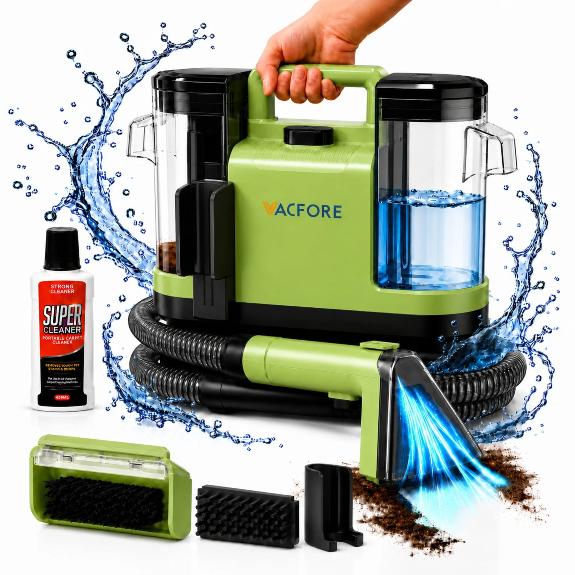 VACFORE Portable Carpet & Upholstery Spot Cleaner Machine, 18KPa Powerful Suction, Dual Tanks and Self-Cleaning Tool for Pet Stains, Couches, Rugs and Car Seats