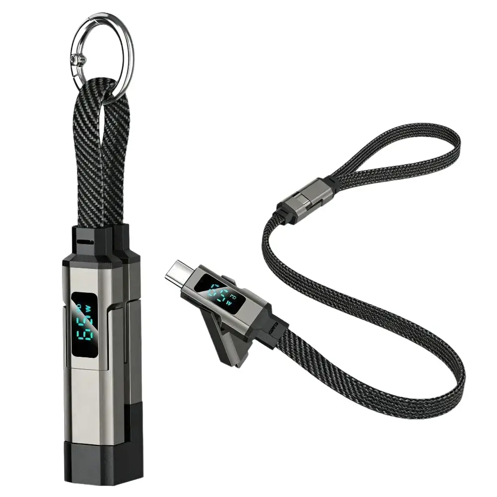 4-in-1 Black Multi USB Charging Cable Keychain - USB-C PD Fast Charging Braided Data Cord with LED Display, Portable Universal Charging Cables for iPhone/Android Devices