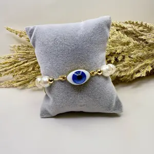 Adjustable Eye Bracelet with Pearl Accents and Blue Enamel Eye Charm for Stylish Accessory
