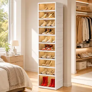 White 6/9-Tier Clear Stackable Shoe Storage Cabinet, Foldable Plastic Shoe Rack Organizer With Magnetic Doors For Closet, Entryway & Dorm Room