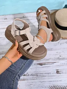 Women's Fashion Solid Color Thick Sole Strappy Summer Sandals, Adjustable Platform Shoes, Lightweight Breathable Summer Footwear for Girls
