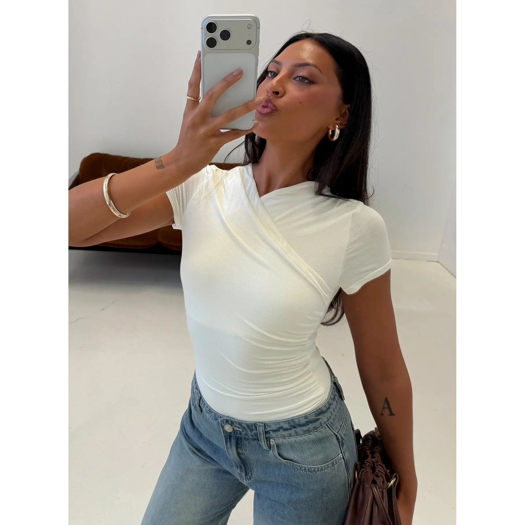 Odettea Cross Front Short Sleeve Bodysuit Cream