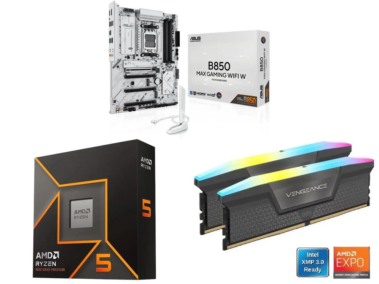 ASUS B850 MAX GAMING WIFI W - AMD AM5 ATX Motherboard, DDR5, PCIe 5.0, 3x M.2, Wi-Fi 6E, 2.5Gb LAN, USB-C, DisplayPort, HDMI, Aura Sync, Ryzen 5 9600X 6-Core 3.9GHz, Radeon Graphics, CORSAIR Vengeance RGB 16GB DDR5 6000 RAM