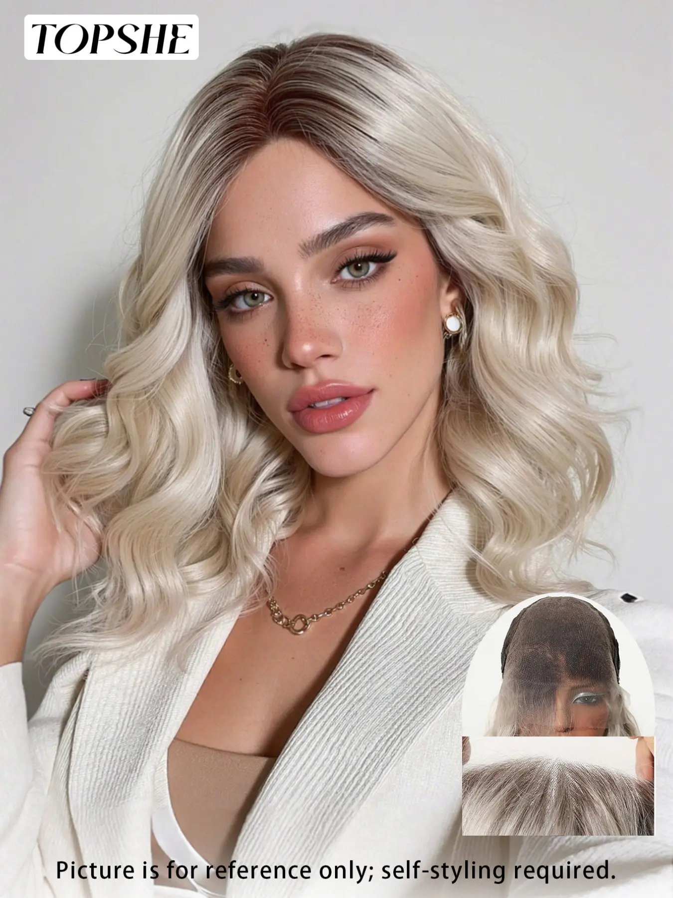 Topshe 13*6 Glueless Lace Frontal Wig, Dark Root to Platinum Blonde, Short Curly Hair, Natural Hairline, Comfortable and Lightweight