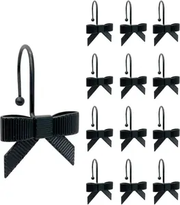12PCS Decorative Bow Shower Curtain Hooks, Bow Knot Curtain Hooks Shower Rings for Bathroom Room Nursery Art Decors (Bow Knot) (Black)