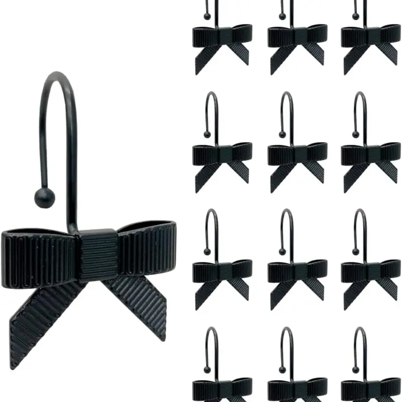 12PCS Adjustable Stainless Steel Decorative Shower Curtain Hooks Set - 3" Long Coverage, Modern Geometric, Plated Polished, Classic Bow Design, Pole-Attached Bathroom Room Curtain Rings for Bathroom Supplies