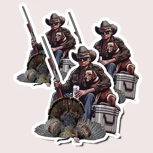 Country Hunter Sticker, Cowboy with Dog, Turkey & Beer, Funny Hunting Decal for Coolers, Trucks, Tumblers