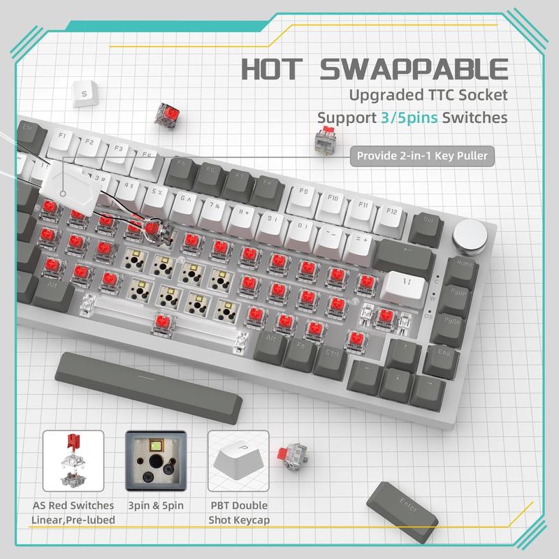 Ajazz AK820 Wired Office Mechanical Gaming Keyboard, 75% Layout Full-Key Hot-Swappable Gasket Structure with Luminous Metal Volume Knob and FN Multimedia Functions, Ergonomic Durable Plug-and-Play E-Sports Keyboard for Computer and Office