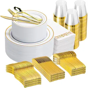 N9R 700PCS Gold Disposable Dinnerware Set for 100 Guests, White with Gold Rim, Include 100 Dinner & Dessert, Silverware Set, Cups, for and Wedding