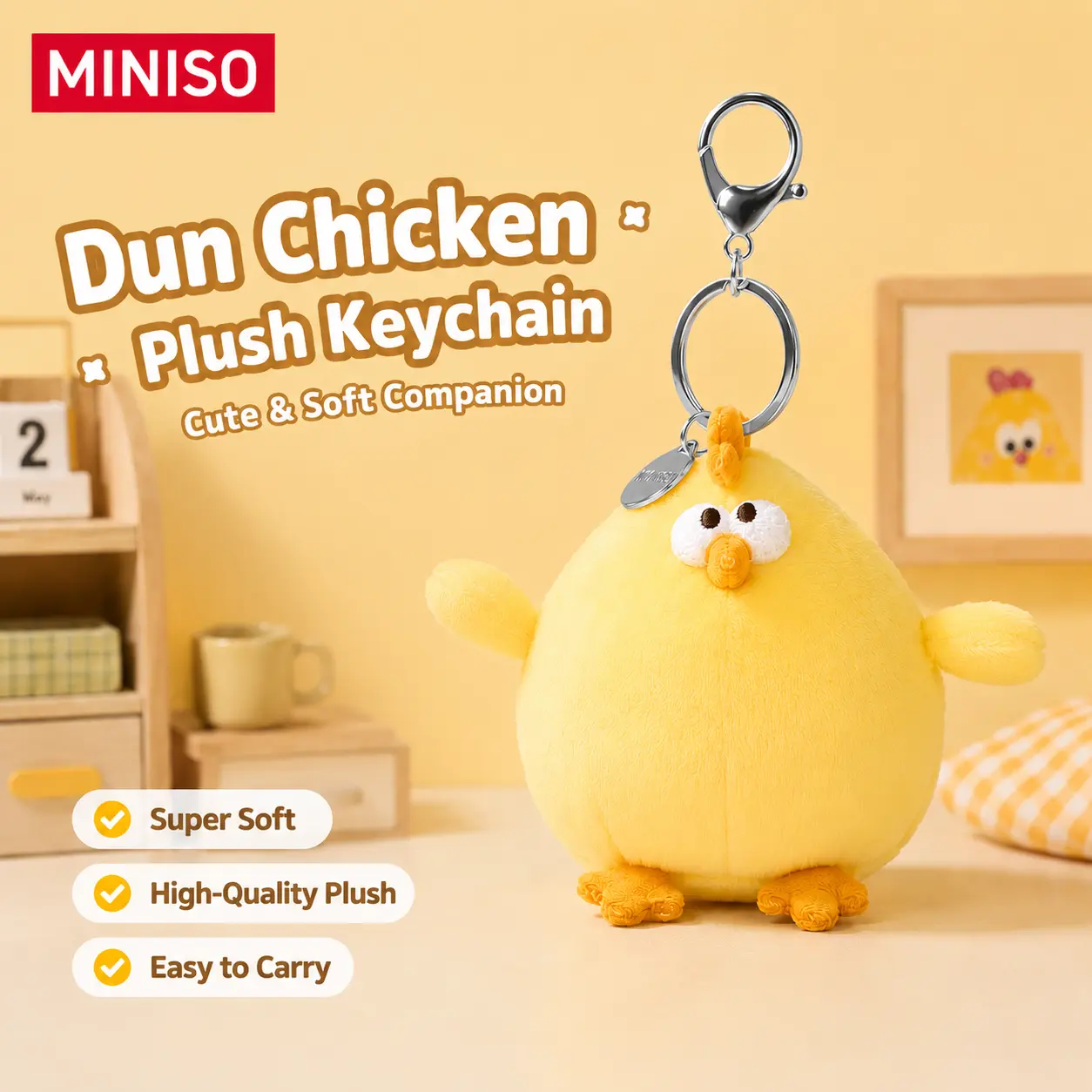 MINISO Dundun Chicken 3-Inch Plush Keychain – Soft Cute Stuffed Yellow Chick Pendant, Portable Mini Key Ring Charm for Backpack Purse