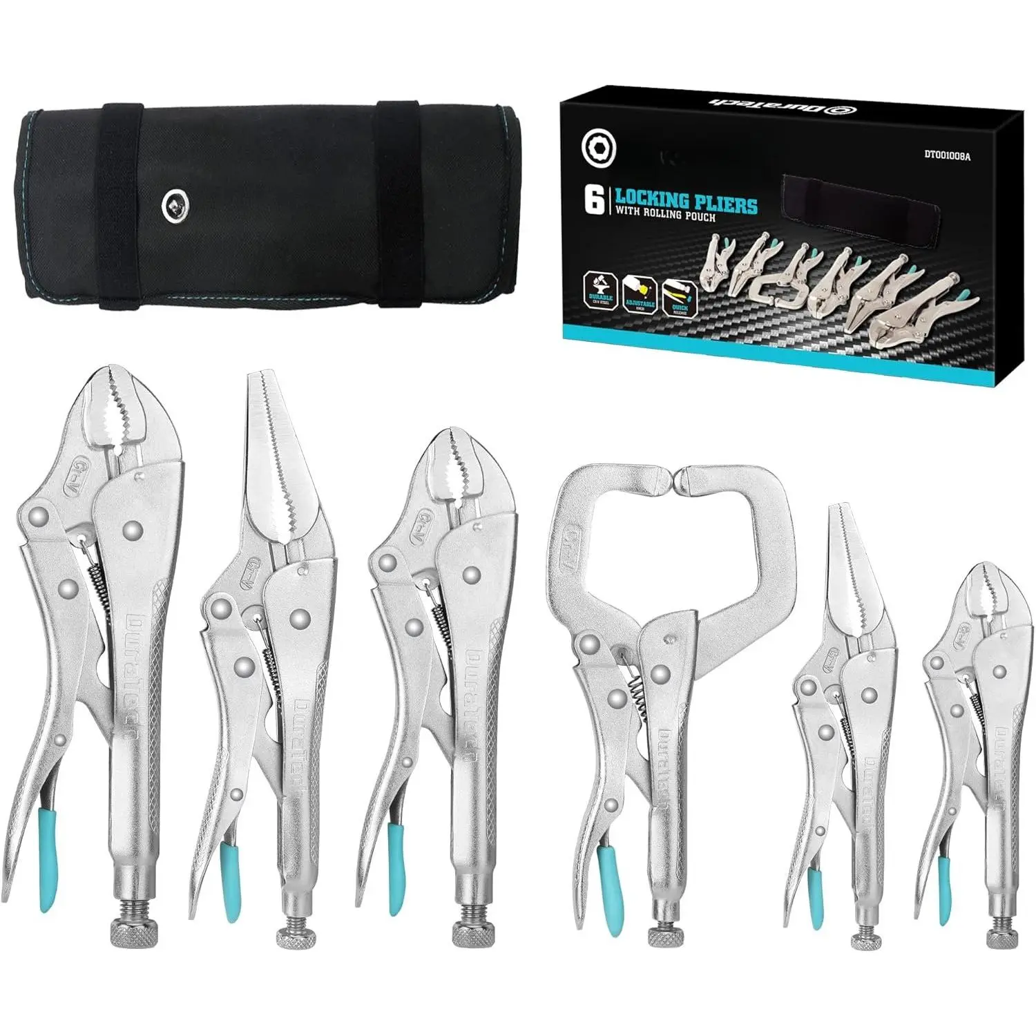 6- Locking Pliers Set, CR-V Steel Vice Grip Pliers, Long Nose, Curved Jaw & C-Clamp,  Release, 5" 6" 7" 10" 6-1/2" 9-1/2", with Oxford Roll-Up Pouch