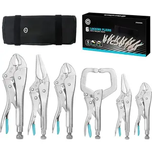 6- Locking Pliers Set, CR-V Steel Vice Grip Pliers, Long Nose, Curved Jaw & C-Clamp,  Release, 5" 6" 7" 10" 6-1/2" 9-1/2", with Oxford Roll-Up Pouch