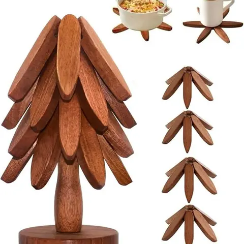 Wooden Tree-Shaped Trivet Set (3-4 Pcs) with Natural Finish, Kitchenware Heat Pad + Coaster Combo, 7.9 Inches Unfolded, Gentle Pads Guard Counters, Works Across Glass Marble and Wood, Easy Storage Netball Sports Outdoor Hot Holder Gift