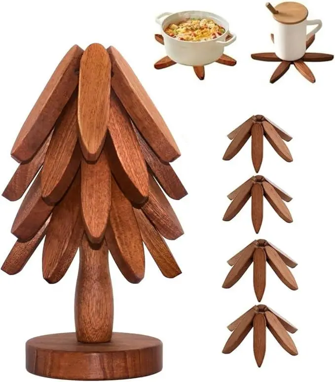 Wooden Tree-Shaped Trivet Set (3-4 Pcs) for Easy Storage, Kitchenware Tableware for Hot Dishes Pans Bowls Teapots, Birthday Gift Multifunctional Table Ornament Hot Holder
