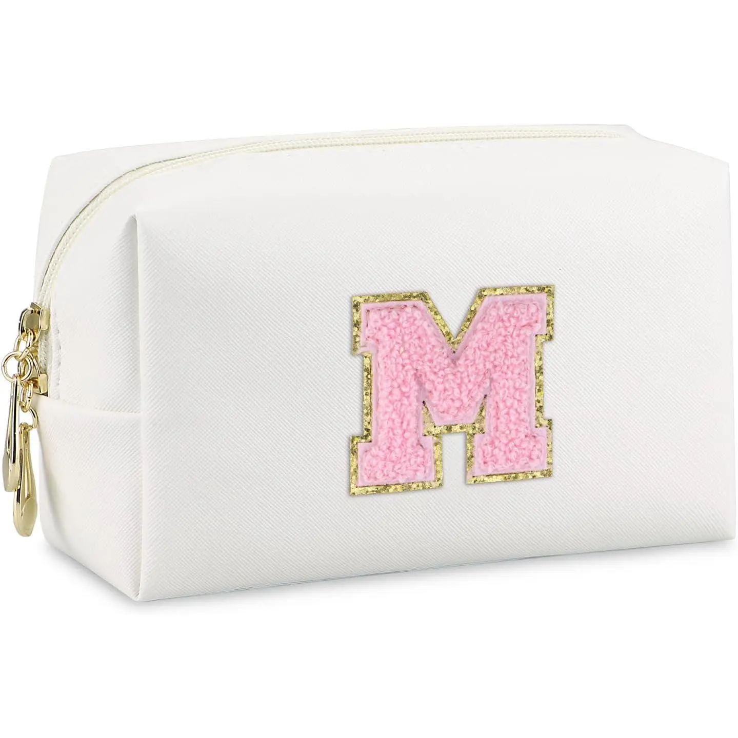 Personalized Preppy Makeup Bag PU Leather Chenille Letter M Durable Modern Style Portable Travel Toiletry Bag for Women Girls Mom