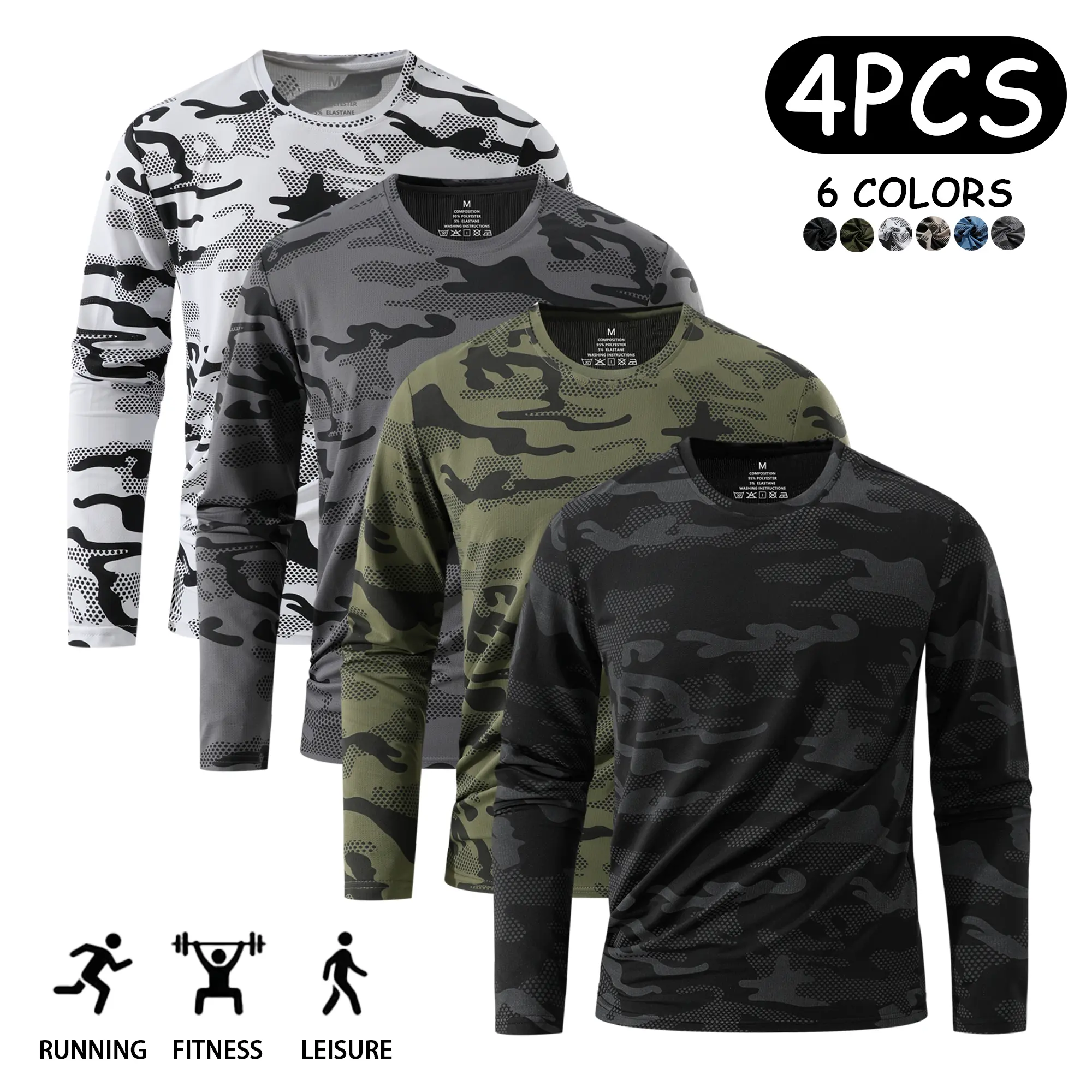 Men's 4-Pack Camouflage Quick-Dry Long-Sleeve Polyester Blend T-Shirts - High Elasticity, Breathable Base Layer Tops for Running/Sports, Everyday Wear, Back to School