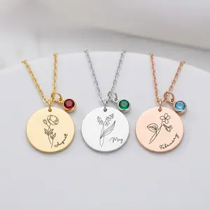 「NGLHM」Personalized Birth Flower Necklace with Birthstone, Custom Engraved Name Necklace, Delicate Minimalist Birthday Gift for Her, Mom, Sister, Bridesmaid