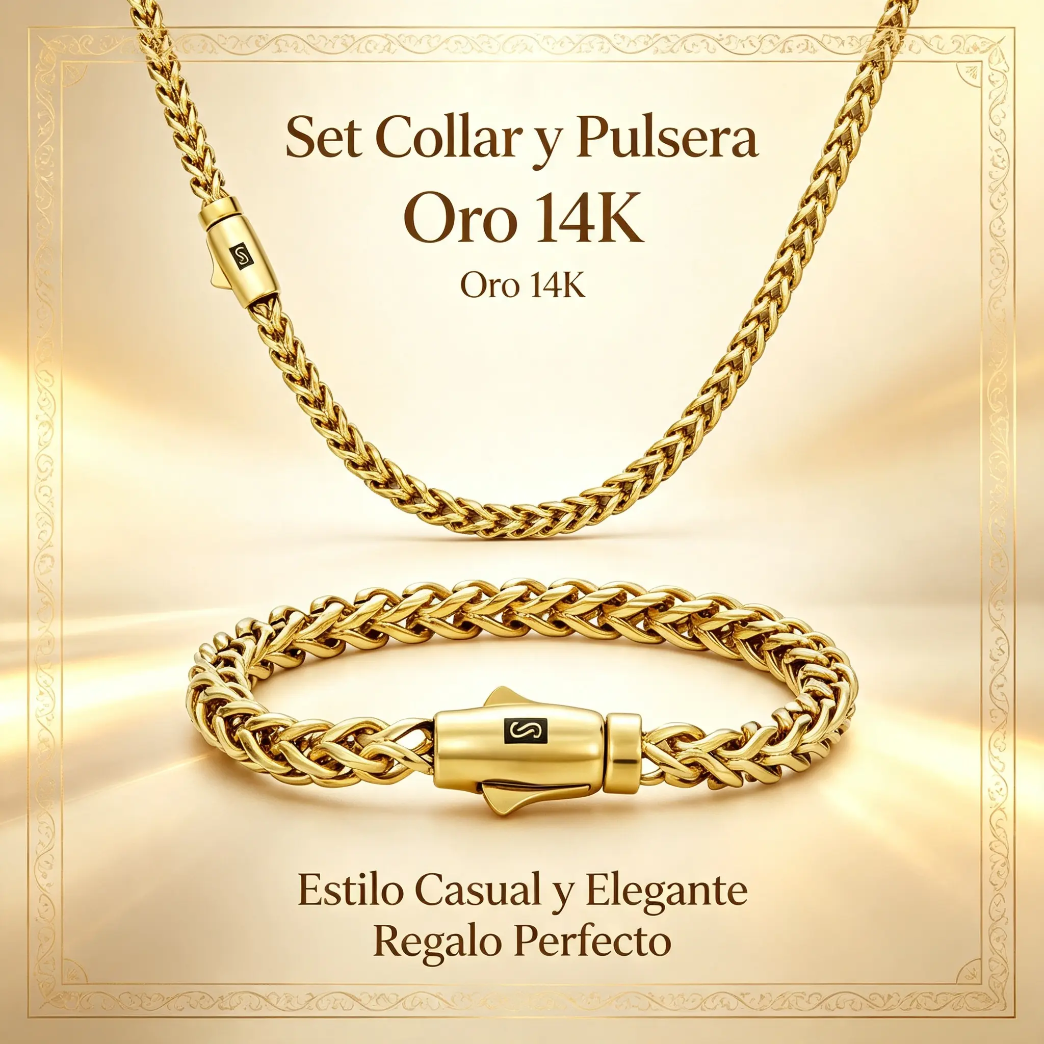 14K Gold-Plated 6mm Bullet Clasp Black “S” Logo Necklace and Bracelet—Featuring the Latest Plating Technology, Water-Resistant, Oxidation-Resistant, Fade-Resistant, and Hypoallergenic. Miami Hip-Hop Style Jewelry—The Perfect Valentine's Day Gift Necklace