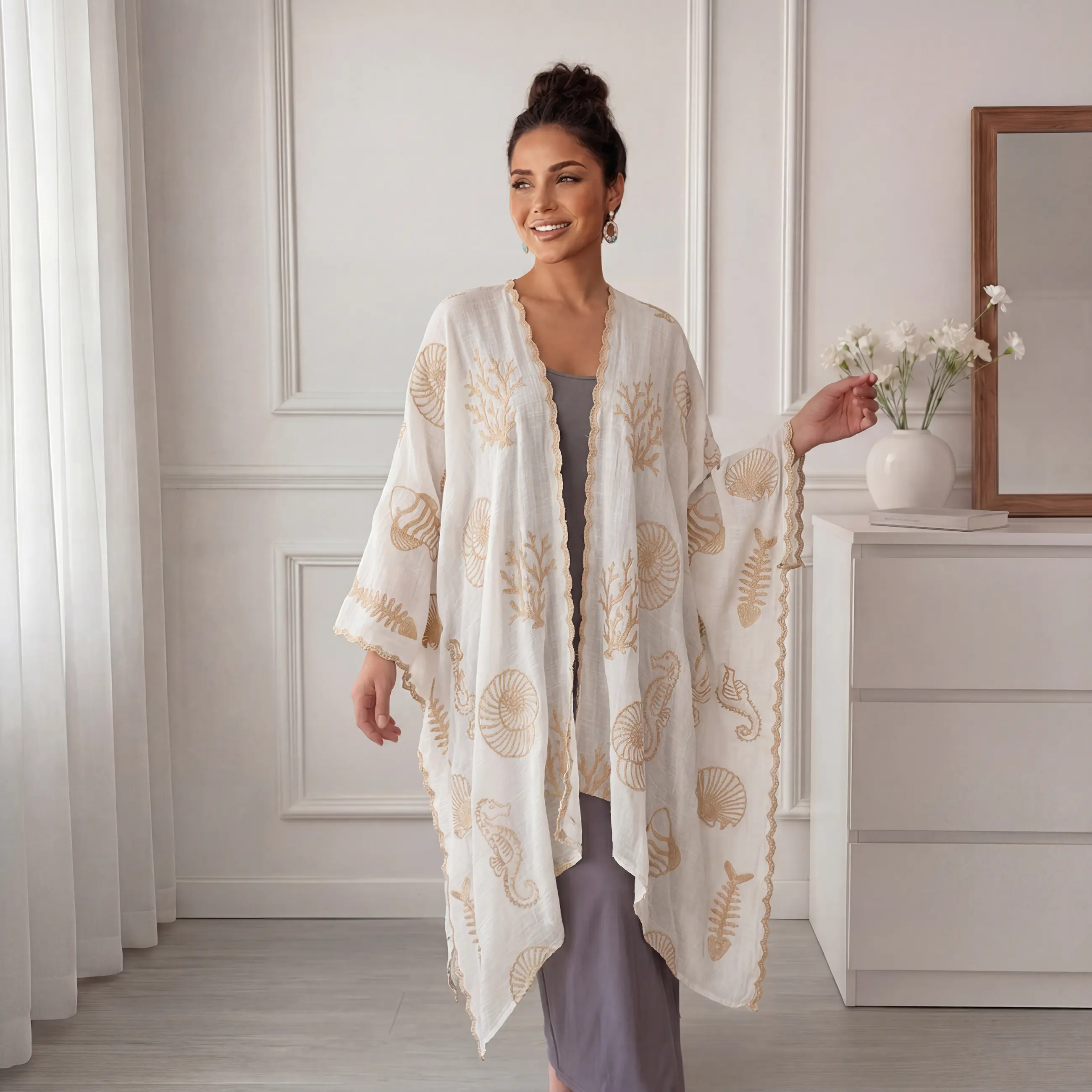 Coastal Boho Kimono - Fish & Seashell Embroidery, Lightweight for Beach Days perfect style Clothes Beachwear Womenswear Free Shipping