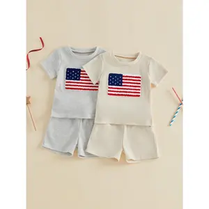 CPZVUCAK Toddler Baby Boy 4th of July Outfit USA Flag Embroidery Striped Waffle Knit T-Shirt and Shorts Set Patriotic Clothes