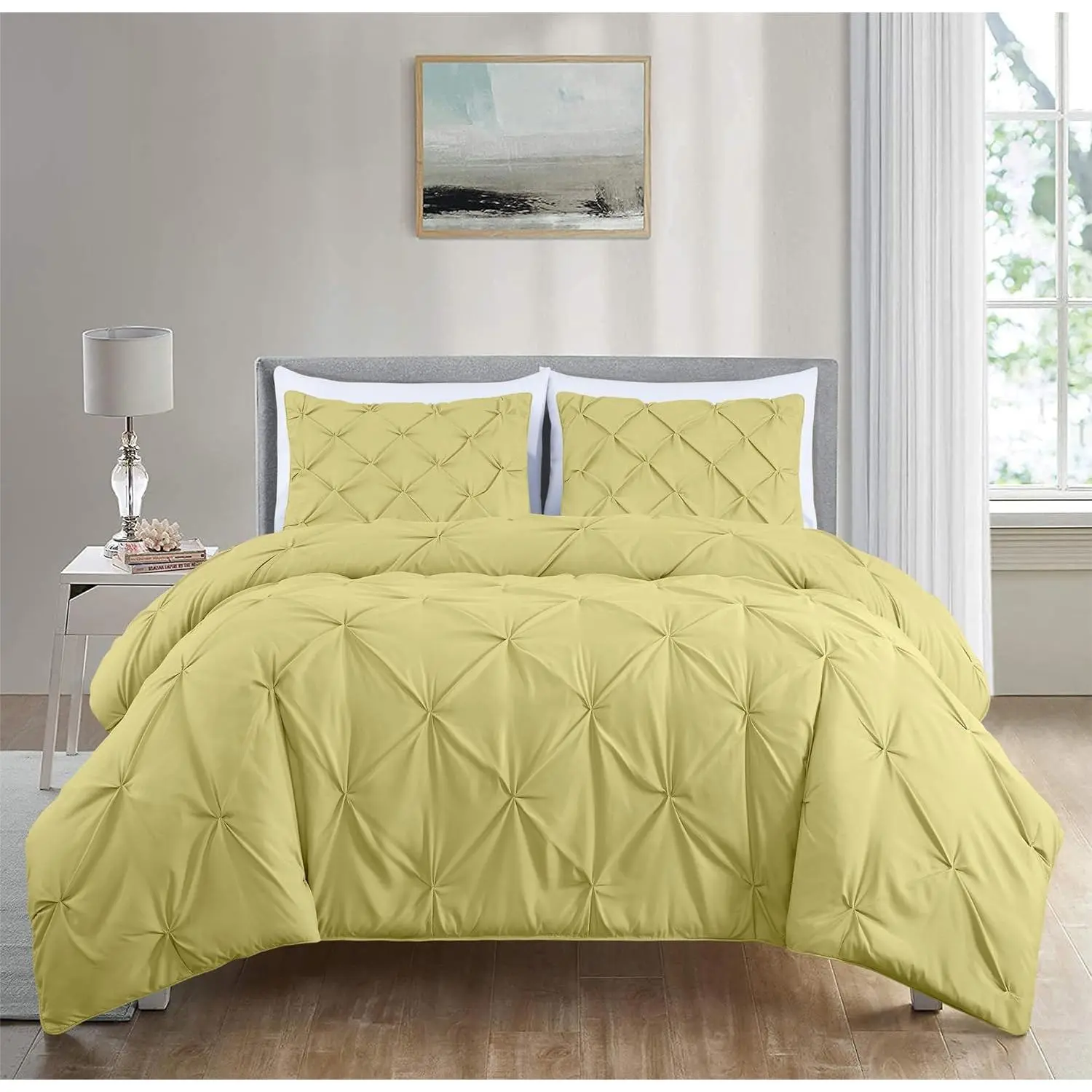 Mustard Yellow Pintuck Weave Queen Comforter 3-Piece Set - Durable Lightweight Microfiber Comforter, Pillow Shams, Machine Washable Year-Round Bedding