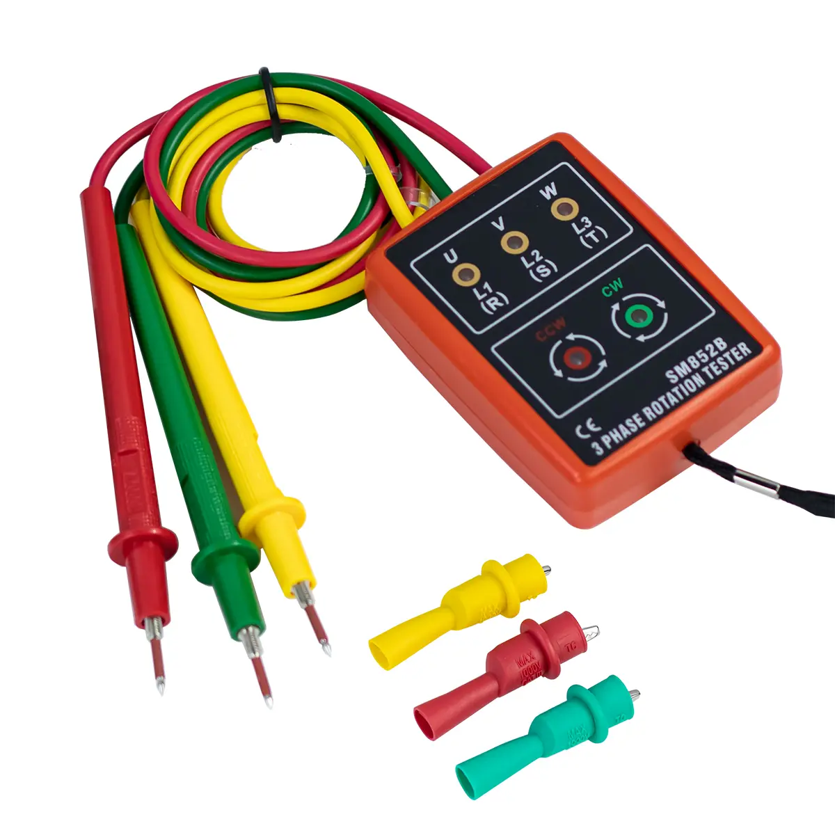 SM852B LED Buzzer 3-Phase Voltage Tester - Digital Sequence Indicator Detector with Color-Coded Probes for Generators, Motor Testing, 3-Phase Rotation, Direct Circuit Connection