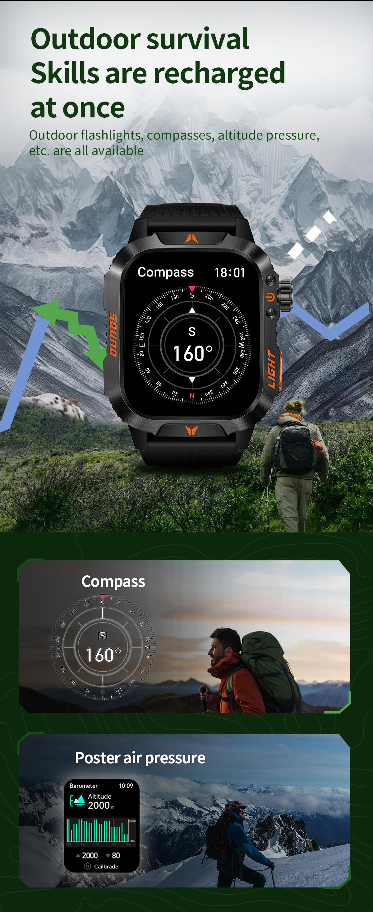 LOOXLK 2026 Outdoor-Style Smartwatch with 2.01-inch IPS Screen LED Lighting Wireless Call Sports Modes Calorie Tracker Compass Weather Alerts Men's Gift Fitness Tracker  Applicable to iPhones and Android devices Wearable