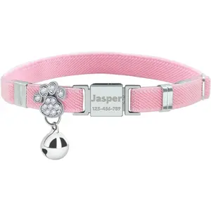 Personalized Safety Elastic Cat Collars with Bell,Laser Customized Stretch Kitten Collars for Girls Boys Cats-Pink