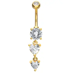 Gold PVD Double Heart Clear CZ Dangle Stainless Steel Belly Button Ring