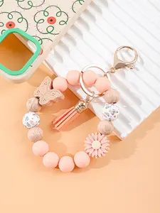 Women's Silicone Beaded Bracelet Keychain with Wooden Butterfly Pendant, Cute Style, Suitable for Teachers, All Seasons, Cute Charms Keychain