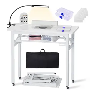 Portable & Foldable Manicure Table w/Dust Collector, Rolling Nail Tech Desk w/LED Light Lamp, Wrist Cushion, Lockable Wheels, Carrying Case, for Home Travel Beauty Salon Workstation
