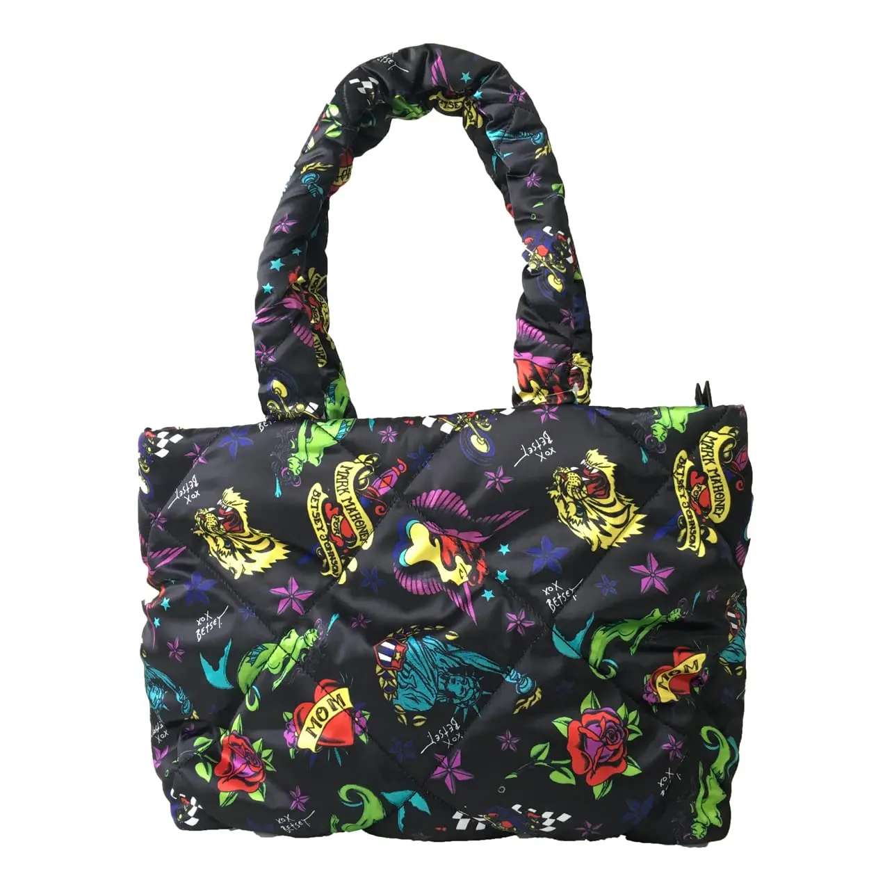 Betsey Johnson NYC Tattoo Print Pillow Tote, Large Black Quilted Nylon Shoulder Bag for Women, Multicolor Carryall