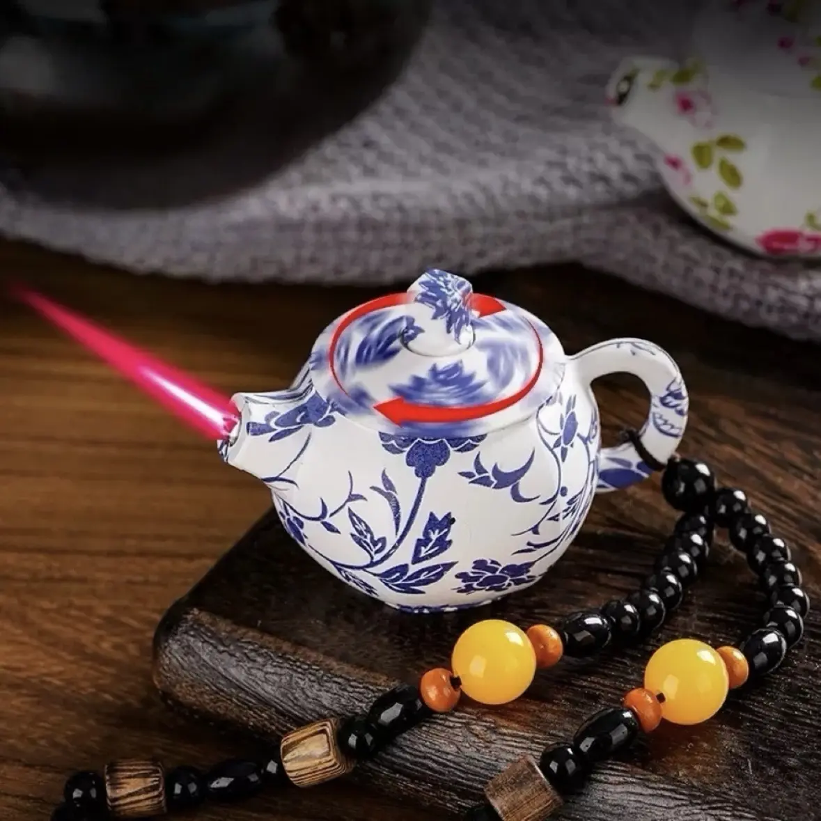 Blue White Porcelain Teapot Windproof Refillable Lighter ,Mini Creative Portable Lighter for Outdoor Camping Kitchen Ignition Perfect Unique Exquisite Gift for Family Friends Men