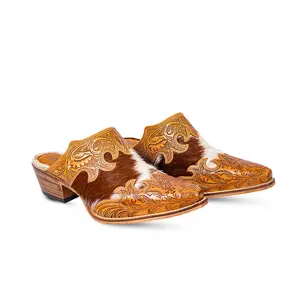 Myra Lacey Leather Mules for Women - Handtooled Leather Mid Top with Hairon Accents for Everyday Rodeo Elegance