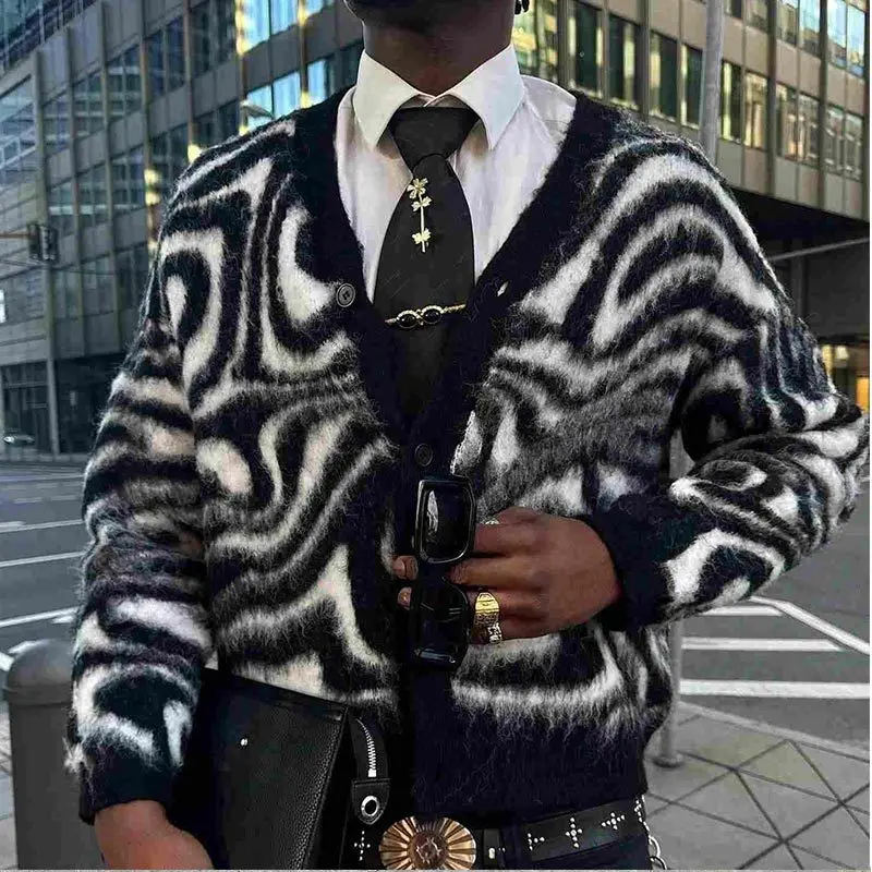 2026 Men Zebra Print Fuzzy Knit Cardigan, V Neck Button Up Soft Fluffy Sweater Jacket For Fall Winter