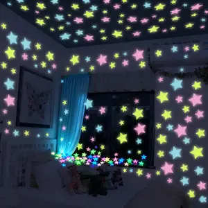 Bintang 500-Piece Mixed-Size 3D Glow-in-the-Dark Colorful Fluorescent Star-Shape Plastic Decorative Stickers for Bedroom, Living Room Ceiling/Wall Contemporary Home Decor Kit with 2 Free Moon Stickers