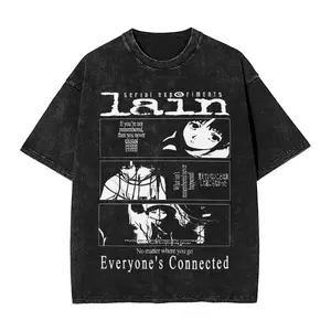 Vintage Manga Serial Experiments Lain Graphic T-shirt Washed Oversized T Shirt Men Women Clothing Cotton Short Sleeve Tees Tops