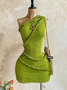 New Boho Style Knot Shoulder Mini Dress, Summer Women's Vintage Holiday, Fitted Plain Design, Casual Fashion for Vacation