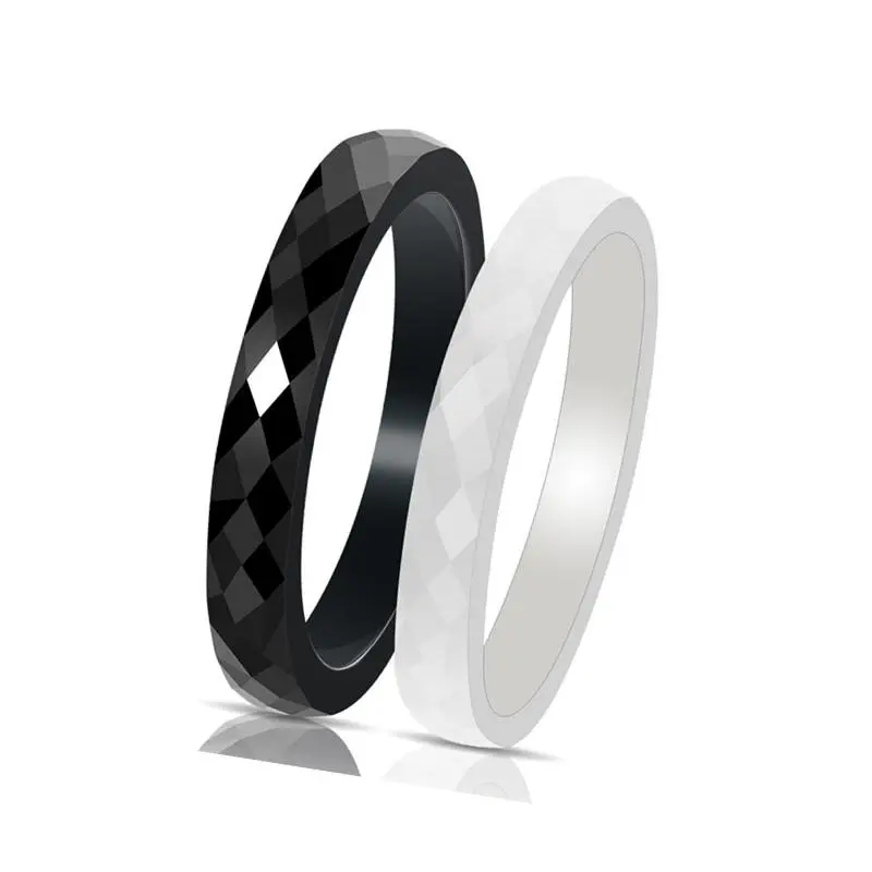 3mm Thin White/Black Faceted Ceramic Ring Wedding Band for Women Men Size 4-12