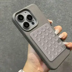 Minimalist Solid-Color Suction Cup Stand Leather-Textured Phone Case Cover Casing For iPhone 17 16 15 14 Plus 13 12 Pro Max 11 XS XR XS Max Shockproof Protective Case Accessories