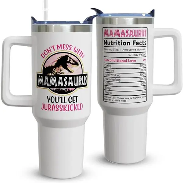 WexAnime 40oz Mamasaurus Insulated Vacuum Flask - Double-Wall Stainless Steel, Funny Design, Washable Leakproof Straw Lid with Black Cap & Handle, 12H Hot/24H Cold Retention, Valentine Gift Kitchen Drinkware, Insulation