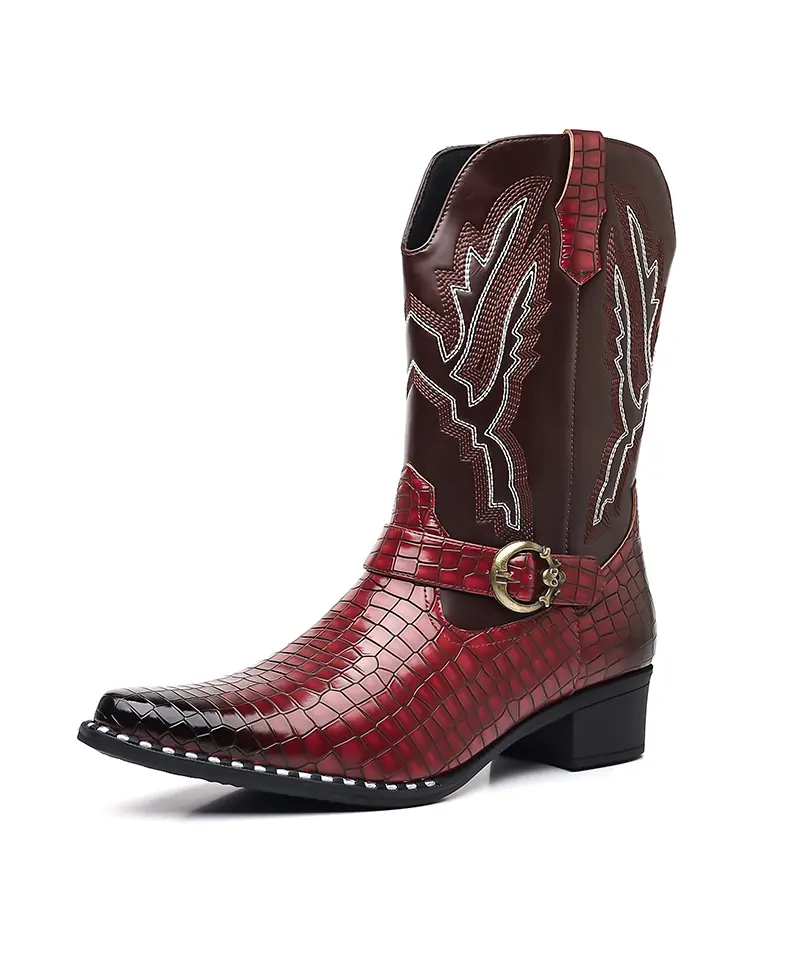 Vintage Men Western Cowboy Mid Calf Boots, Croc Texture Pointed Toe Punk Motorcycle Boots, Metal Buckle Belt Side Zip Block Heel Retro Riding Boots, Fashion Dress Boots For Men Club Daily Outfit, Available In Black & Burgundy