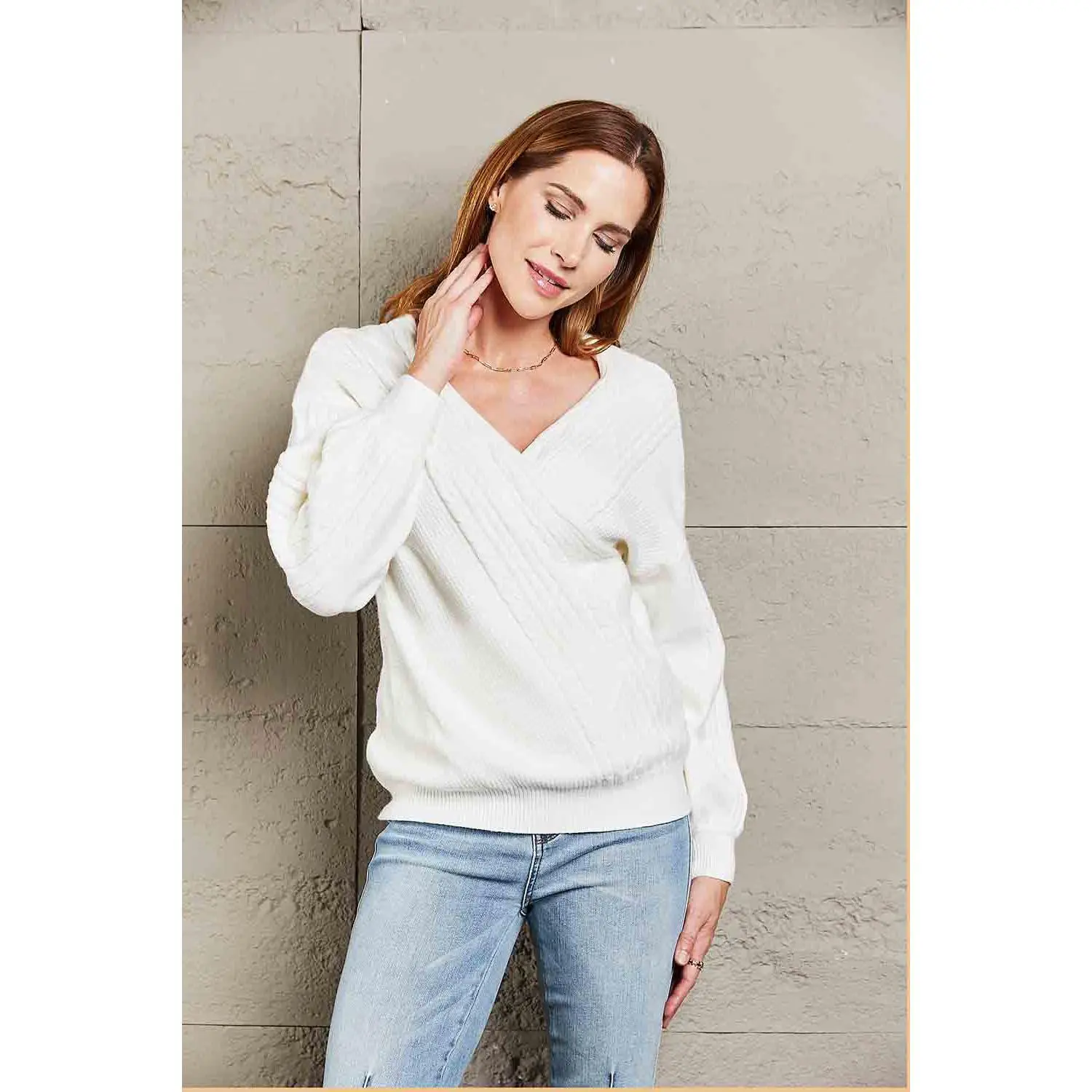 Double Take Ribbed Puff Sleeve Surplice Sweater