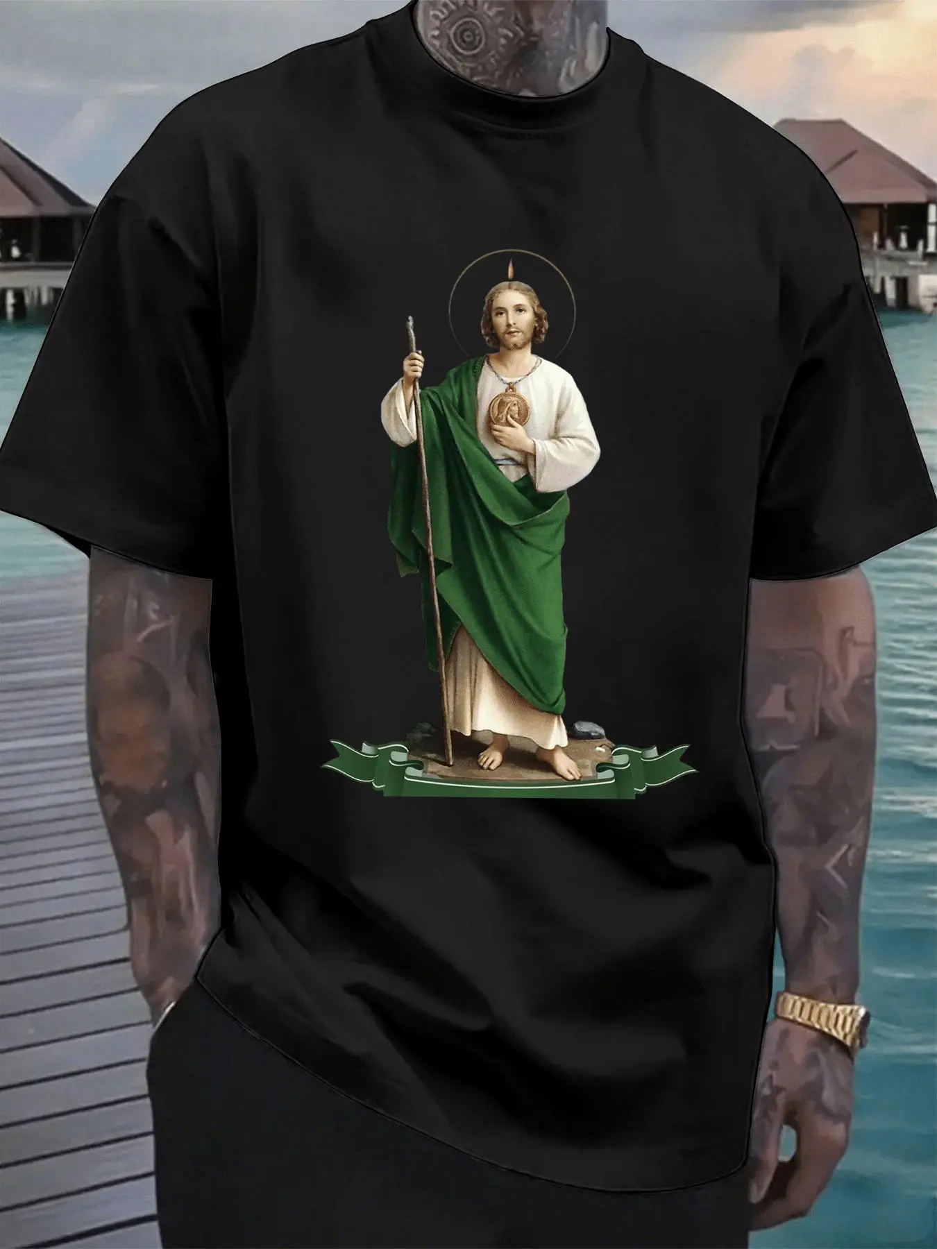 Mens Saint Jude Thaddeus Apostle Graphic Cotton T-Shirt Red and Green Catholic Saints Print