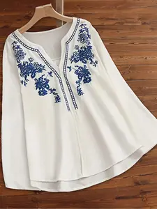 Elegant Casual V-Neck Embroidered Long Sleeve Shirt for Women, Loose-Fitting Spring & Fall Fashion, New Arrival