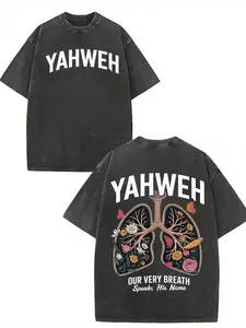 YAHWEN, Our Breath Exhales His Name, The Classic Retro Fashion Casual Lung Of The Earth Is Filled With Flowers And Butterflies, Protecting The Environment, Popular Letter Pattern Printing Boutique 230g Washed C good  graphic  tees vintage  clothing