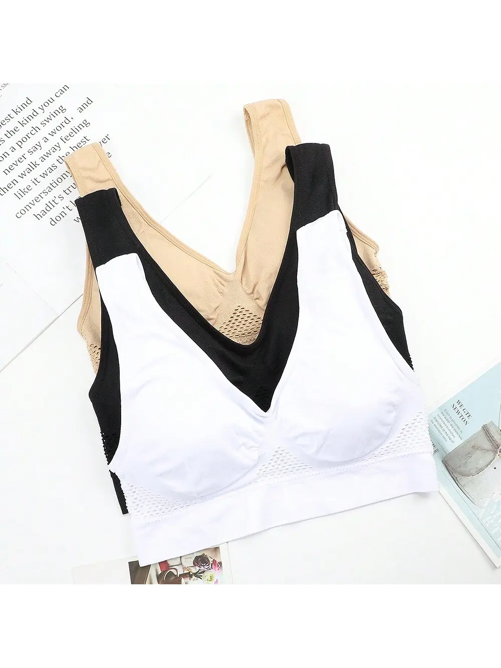 3pcs/Set Leisure Bralette With Mesh & Wire-Free Sports Bra, Lingerie