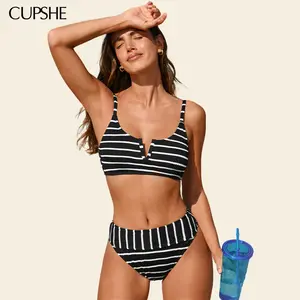 CUPSHE TikTokShopSpringGlowUp In Your Lane Striped Scoop Neckline Swimsuit | 2026 High-Waisted Tummy-Smoothing V-Wire Support Bikini Set